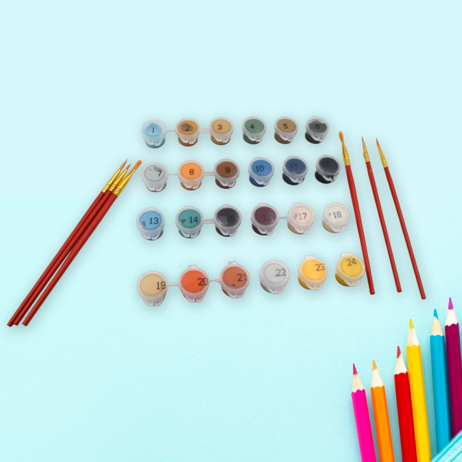 Adult painting kit, 24 colors, canvas with numbers, and paintbrushes included. Adult painting kit, 24 colors, canvas with numbers, and paintbrushes included.